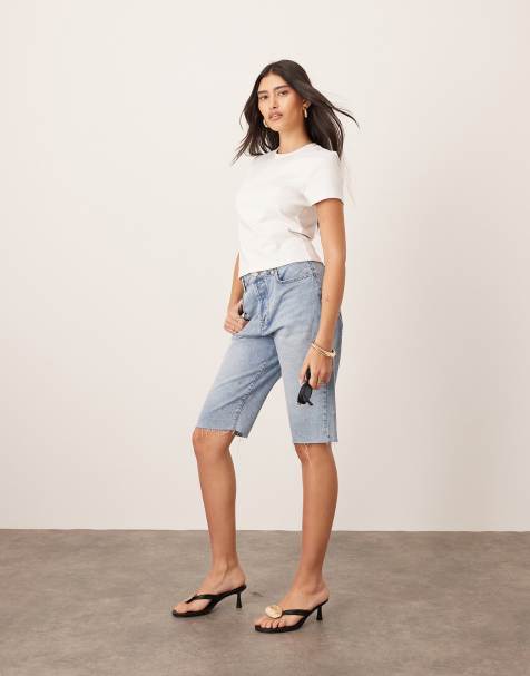 ARRANGE - Cleo - Pantaloncini taglio lungo in denim blu lavaggio medio con bordi grezzi - view 1