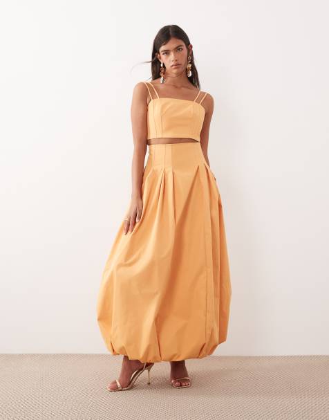 ARRANGE co-ord cami crop top and high waisted bubble midi skirt in orange - view 1