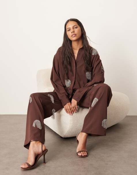 ARRANGE co-ord embellished diamante fringe spot oversized shirt in chocolate - view 1
