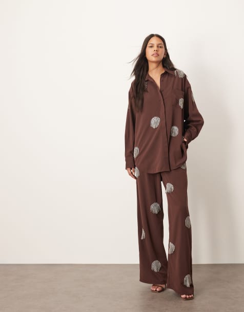 ARRANGE co-ord embellished diamante fringe spot wide leg trouser in chocolate - view 1