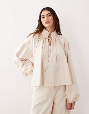 ARRANGE co-ord gathered neck balloon sleeve top in stone
