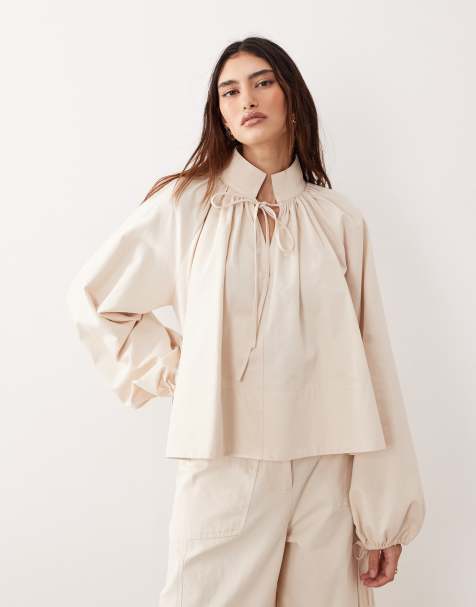 ARRANGE co-ord gathered neck balloon sleeve top in stone - view 1