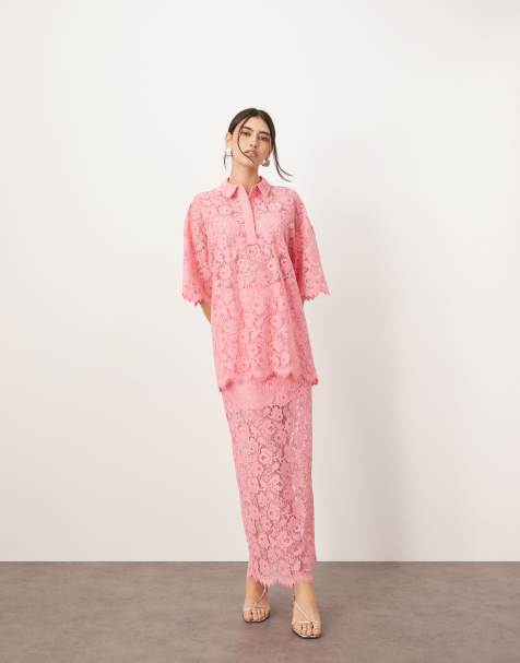 ARRANGE - Co-ord set met poloshirt en rok met kant in roze - view 1