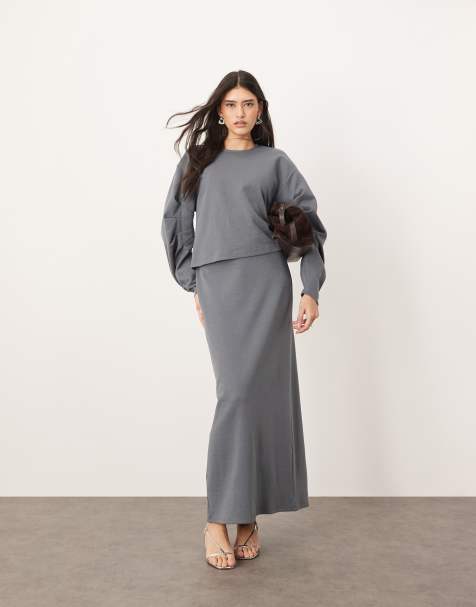 ARRANGE - Co-ord set van premium zware jersey met rechte top met geplooide mouwen en maxi kokerrok met textuur in antracietgrijs - view 1