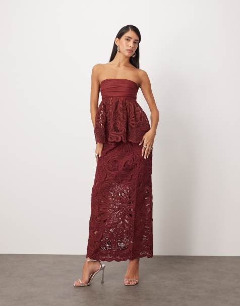 ARRANGE - Co-ord set van uitlopende bandeau-top met gestrikte achterkant en cornelli borduursel met bloemen en midi-kokerrok in bordeauxrood - view 1
