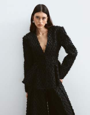 Arrange Collarless Textured Tailored Cinched Waist Peplum Blazer Co-ord In Black