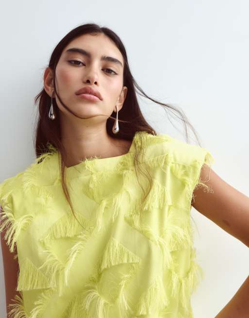 ARRANGE column maxi dress with flared hem in grid texture in lime, 2 of 4