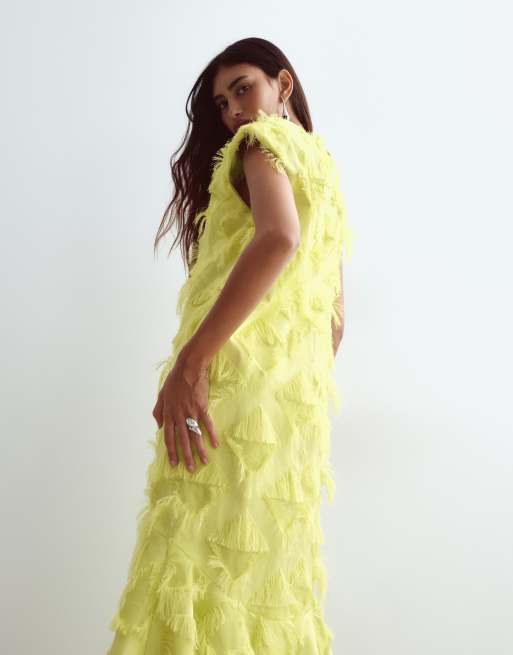 ARRANGE column maxi dress with flared hem in grid texture in lime, 3 of 4