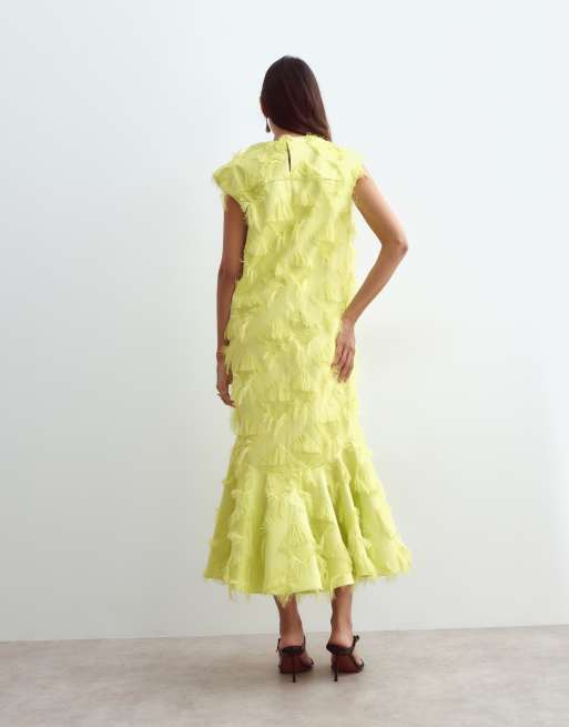 ARRANGE column maxi dress with flared hem in grid texture in lime, 4 of 4