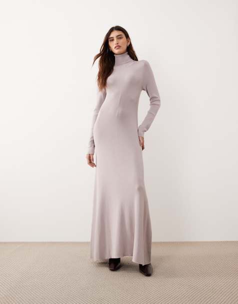 ARRANGE compact rib knit high neck maxi dress in soft gray - view 1