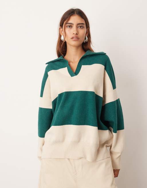 ARRANGE compact stripe knit collar oversized sweater in ivory and forest green