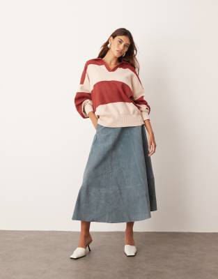 Arrange Compact Striped Knit Collar Oversized Sweater In Red