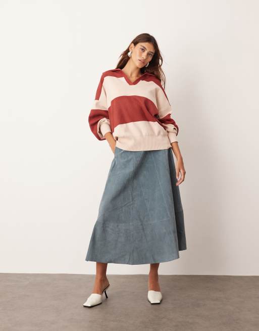 ARRANGE compact striped knit collar oversized sweater in red and cream