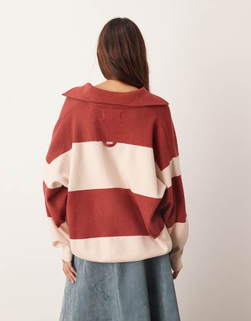 ARRANGE compact striped knit collar oversized sweater in red and cream