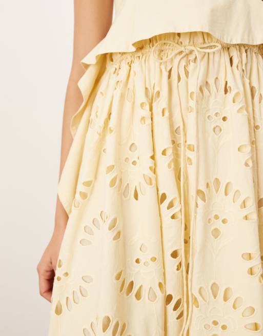 ARRANGE contrast broderie empire cami midi dress with ruffle detail in buttermilk