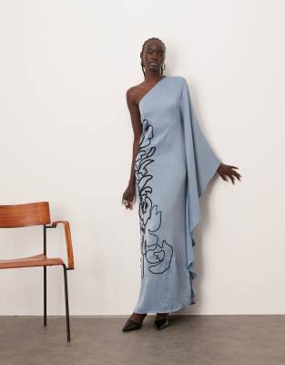 Arrange Contrast Embroidered Floral One Shoulder Maxi Dress In Blue