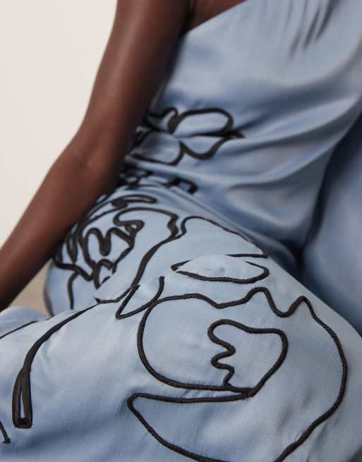 ARRANGE contrast embroidered floral one shoulder maxi dress in blue