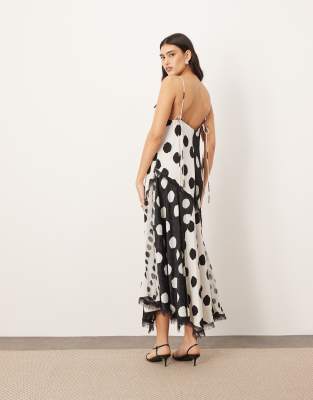 ARRANGE contrast fabric cami maxi dress with handkerchief hem in polka dots