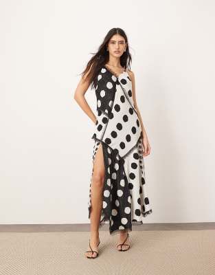 contrast fabric cami maxi dress with hanky hem in color block spot print-Multi