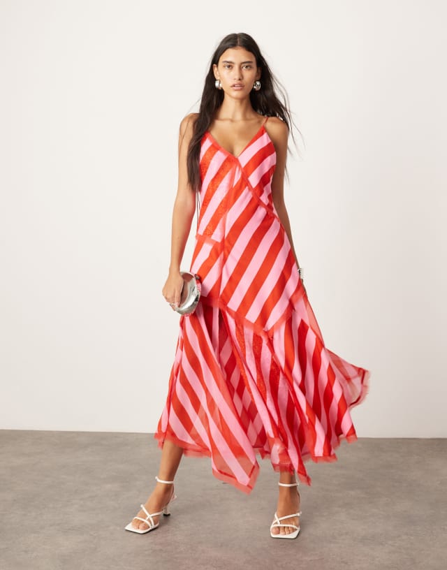 ARRANGE contrast fabric cami midi dress with hanky hem in color block stripe