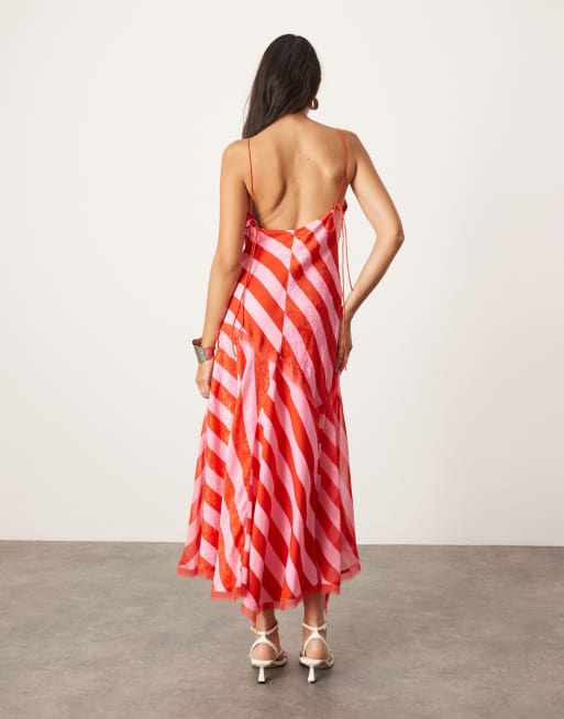 ARRANGE contrast fabric cami midi dress with hanky hem in color block stripe, 2 of 4