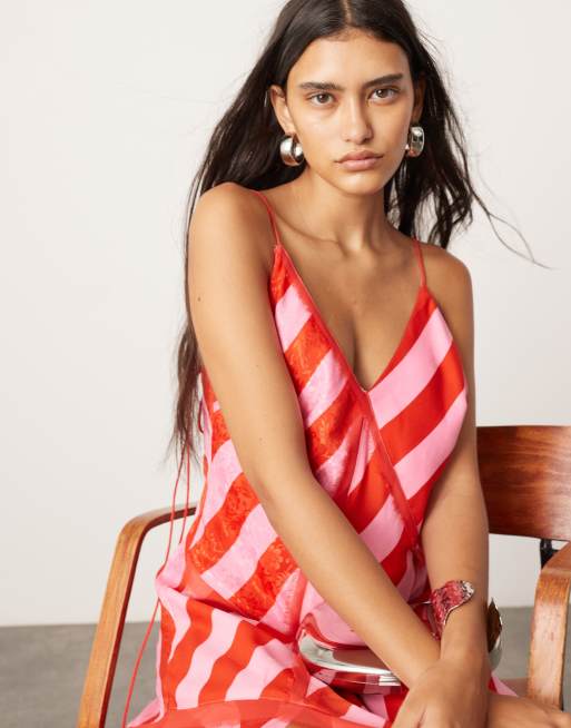 ARRANGE contrast fabric cami midi dress with hanky hem in color block stripe, 3 of 4