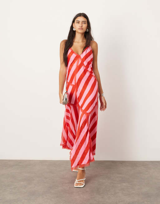 ARRANGE contrast fabric cami midi dress with hanky hem in color block stripe