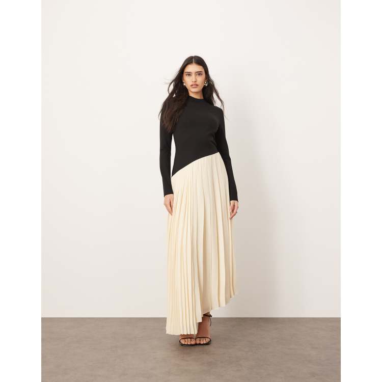 ARRANGE contrast fabric sculpted maxi dress with pleat skirt in black | ASOS