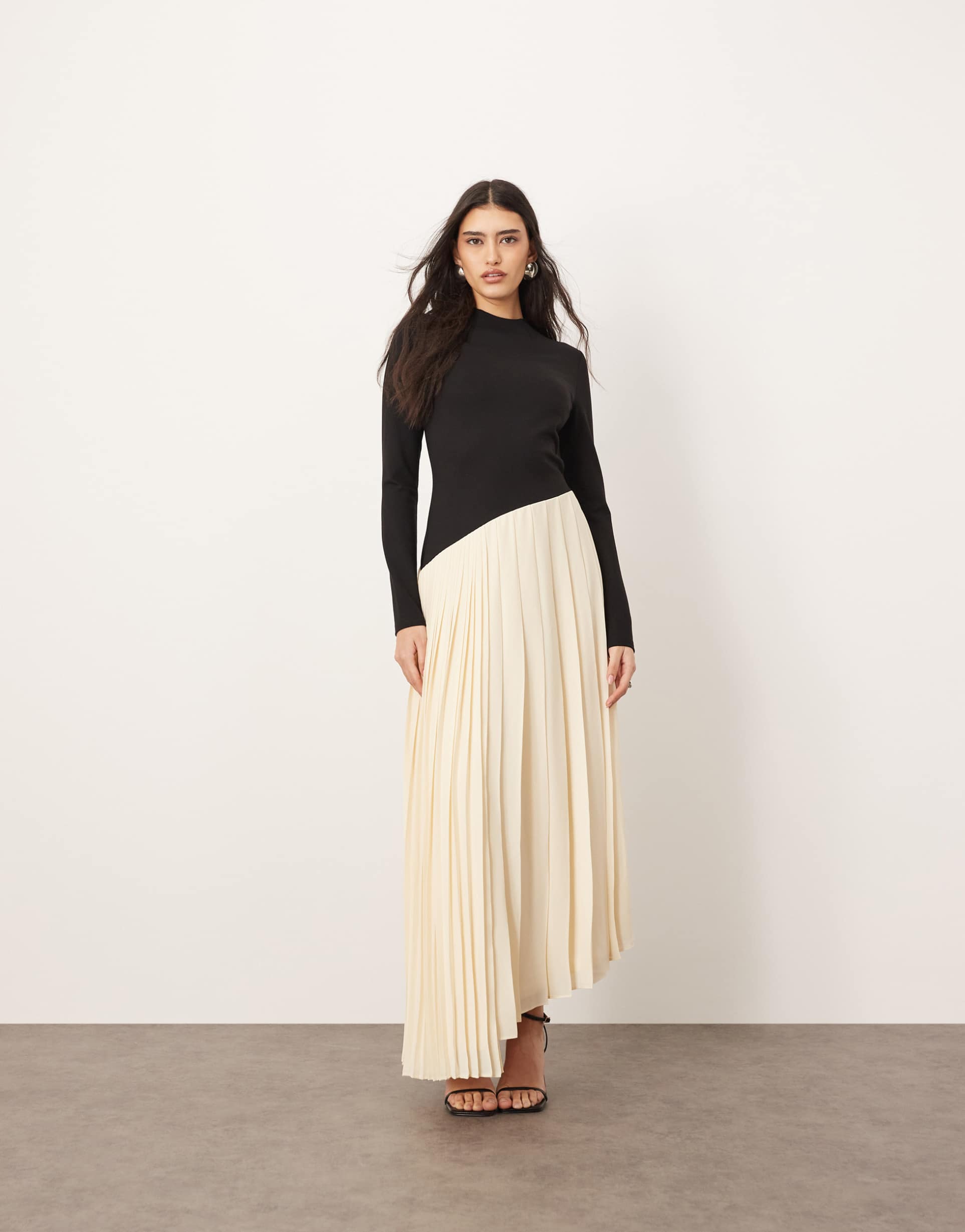 arrange contrast fabric sculpted maxi dress with pleat skirt in black