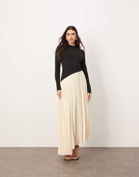 ARRANGE contrast fabric sculpted maxi dress with pleat skirt in black