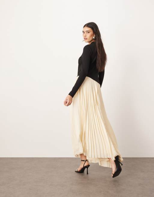 ARRANGE contrast fabric sculpted maxi dress with pleat skirt in black