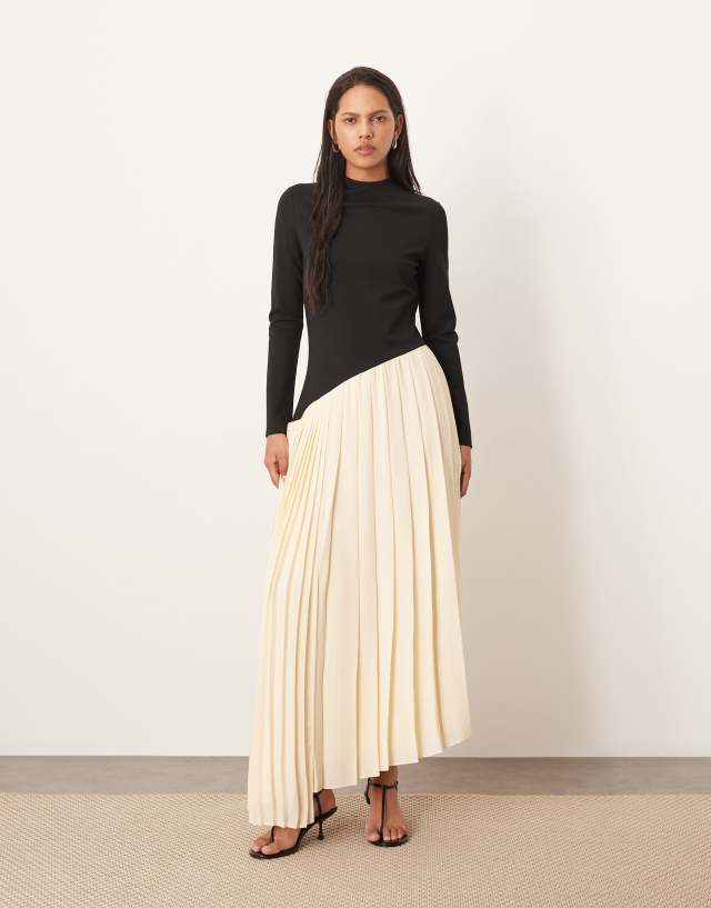 black dress with white pleats French Connection Sateen Pleated Midi Dress