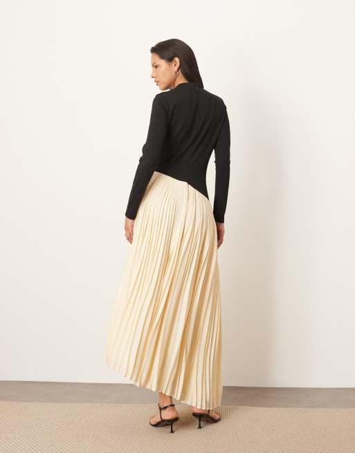 ARRANGE contrast fabric sculpted maxi dress with pleat skirt in black