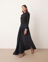 ARRANGE contrast fabric sculpted maxi dress with pleated skirt in navy/black