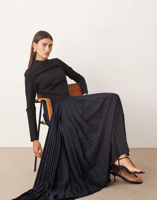 ARRANGE contrast fabric sculpted maxi dress with pleated skirt in navy/black