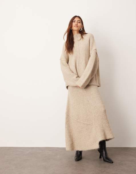 ARRANGE contrast stitch knit exposed seam jumper and midi skirt set in taupe - view 1