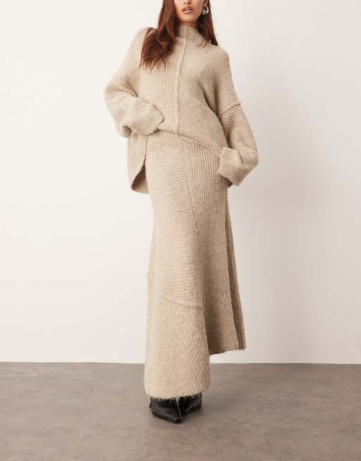 ARRANGE contrast stitch knit exposed seam midi skirt in taupe - part of a set