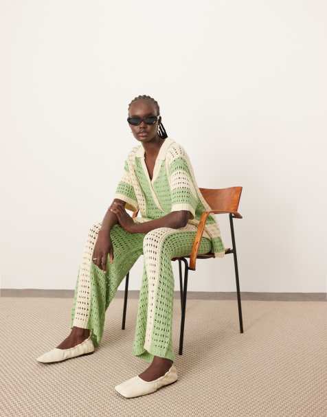 ARRANGE - Coordinato con pantaloni e camicia oversize in maglia a righe verticali verdi - view 1