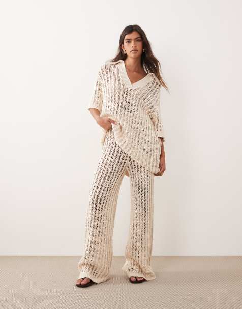 ARRANGE - Coordinato con top con colletto all'uncinetto e pantaloni dritti color avorio - view 1