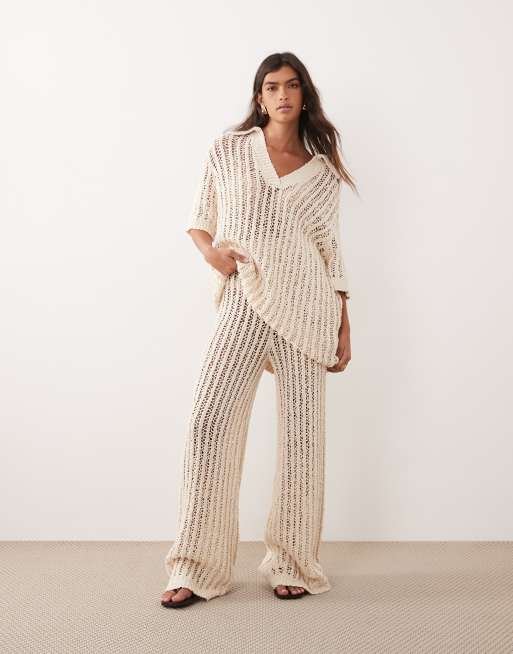 ARRANGE - Coordinato con top con colletto all'uncinetto e pantaloni dritti color avorio