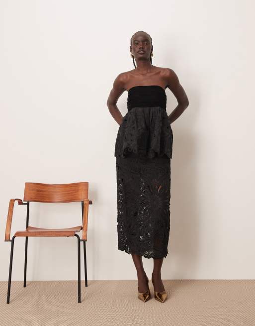 ARRANGE cornelli floral cutwork co-ord midi skirt in black