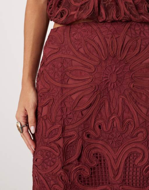 ARRANGE - Cornelli - Rechte midirok met bloemenmotief in bordeauxrood, deel van co-ord set, 4 van 5