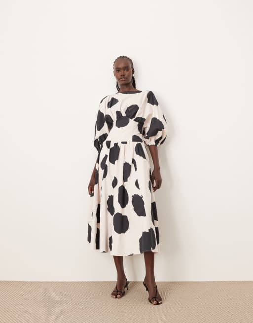 ARRANGE cotton cinched waist midi dress with balloon sleeve in bold spot