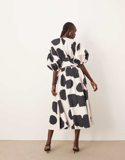 ARRANGE cotton cinched waist midi dress with balloon sleeve in bold spot