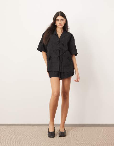 ARRANGE cotton cutwork embroidered short sleeve tie front shirt and shorts set in black - view 1