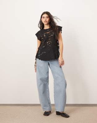 Arrange Cotton Cutwork Embroidered Top With Tie Side In Black