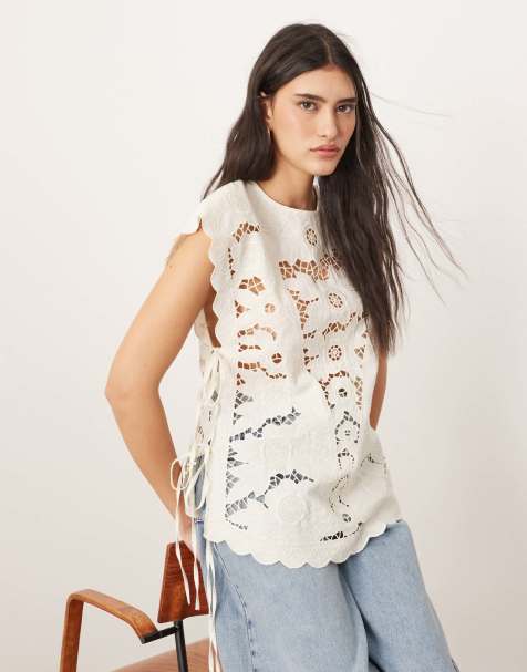 ARRANGE cotton cutwork embroidered top with tie side in off white - view 1