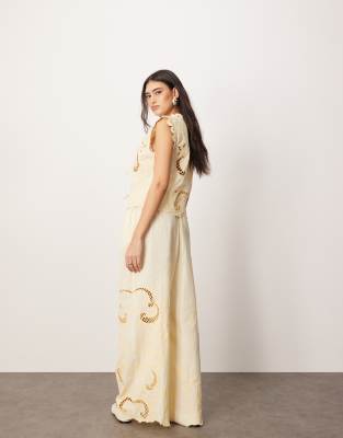 ARRANGE COTTON EMBROIDERED CUTWORK STRAIGHT LEG PANTS 