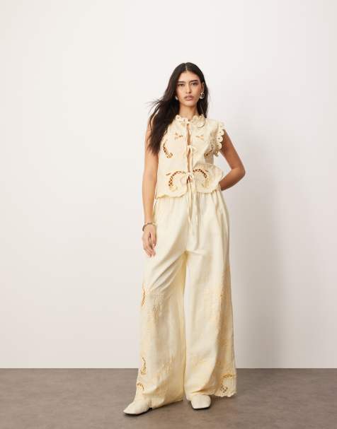 ARRANGE cotton embroidered cutwork tie front top and straight leg pants in lemon - view 1