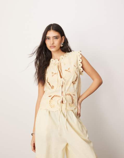 ARRANGE cotton embroidered cutwork tie front top co-ord in lemon - view 1